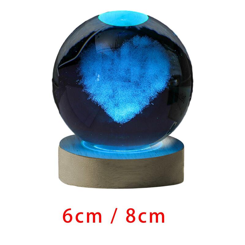Patrón de corazón de luz nocturna de bola de cristal con Base de wooddern para niños, niñas, familia