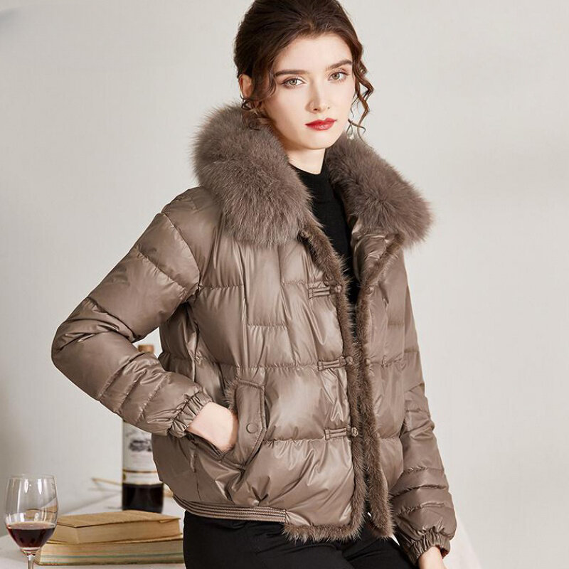 2023 Winter Women Faux Fox Fur Collar coat Short Warm Puffer Coat Female casual Loose Vintage Parkas 90%White Duck Down Jacket
