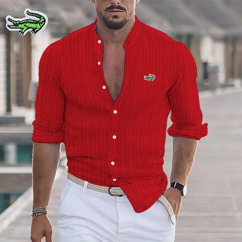 Nuova camicia a maniche lunghe con collo Henry ricamato in cotone e lino a righe per uomo estate moda Casual Cool Polo Top