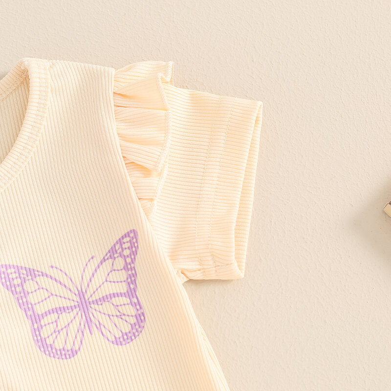 Suefunskry Set celana anak perempuan, pakaian musim panas lengan pendek warna kontras motif kupu-kupu dengan celana menyala