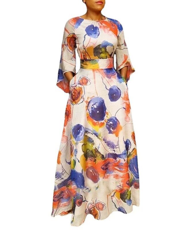 2023 Элегантные Осенние африканские платья для женщин, длинное платье с круглым вырезом и принтом из полиэстера, африканская одежда Дашики