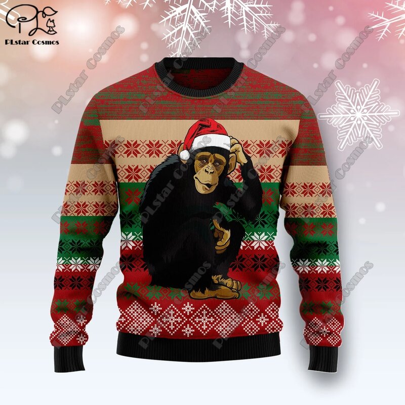 Suéter con estampado 3D de elementos navideños, suéter con patrón de árbol de Navidad, Papá Noel, arte feo, calle informal, S-7 de invierno