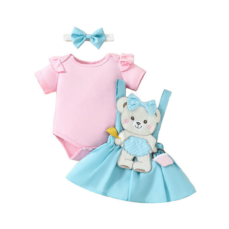 Комплект для маленьких девочек, комбинезон с коротким рукавом, платье с подтяжками в виде медведя, повязка на голову, летний наряд