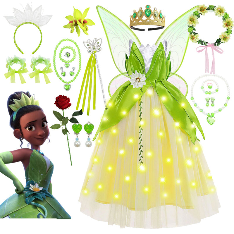 فستان الأميرة تيانا للحفلة المسائية ، زي رقيق ، الأميرة والضفدع ، ثوب الكرة ، ضوء LED ، الهوى ، عيد ميلاد خرافي