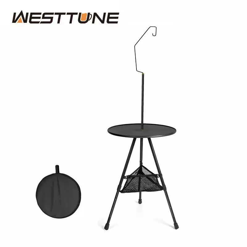 WESTTUNE-Mesa redonda de Camping con soporte de luz, mesa plegable portátil ultraligera con patas ajustables para Picnic en interiores y exteriores