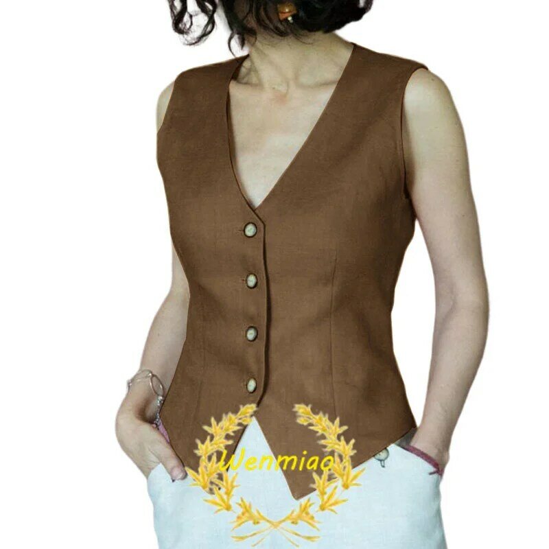 Chaleco de traje con cuello en V para mujer, chaqueta sin mangas con 4 botones, moda de verano