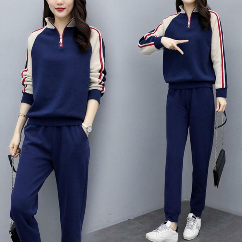 Autumn Winter Suit Women's Color Matching Tracksuit Set with Stand Collar Sweatshirt Elastic Waist Pants for Fall for Women
