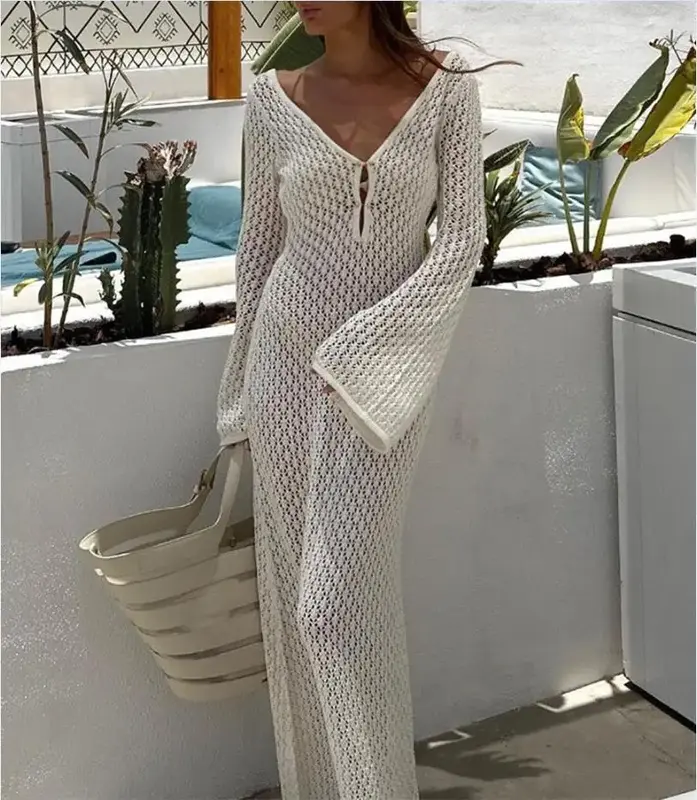 Yeae sexy Frauen lang gestrickt Strand kleid aushöhlen tiefen V-Ausschnitt Langarm Bikini Vertuschungen Kleid fallen rücken frei Urlaubs kleid 2024