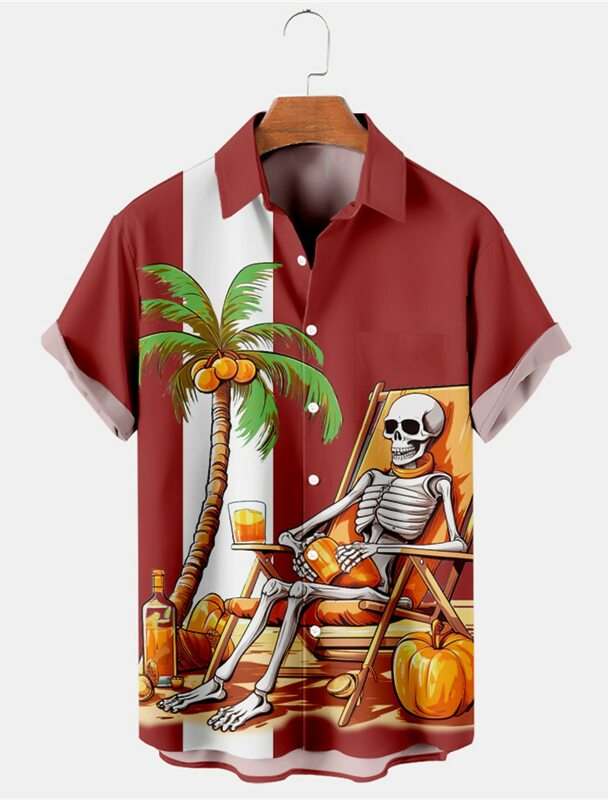 Kemeja Hawaii untuk pria, kemeja motif 3D Skeleton Man grafis lengan pendek kerah Lapel Streetwear kasual Hawaii untuk pria musim panas