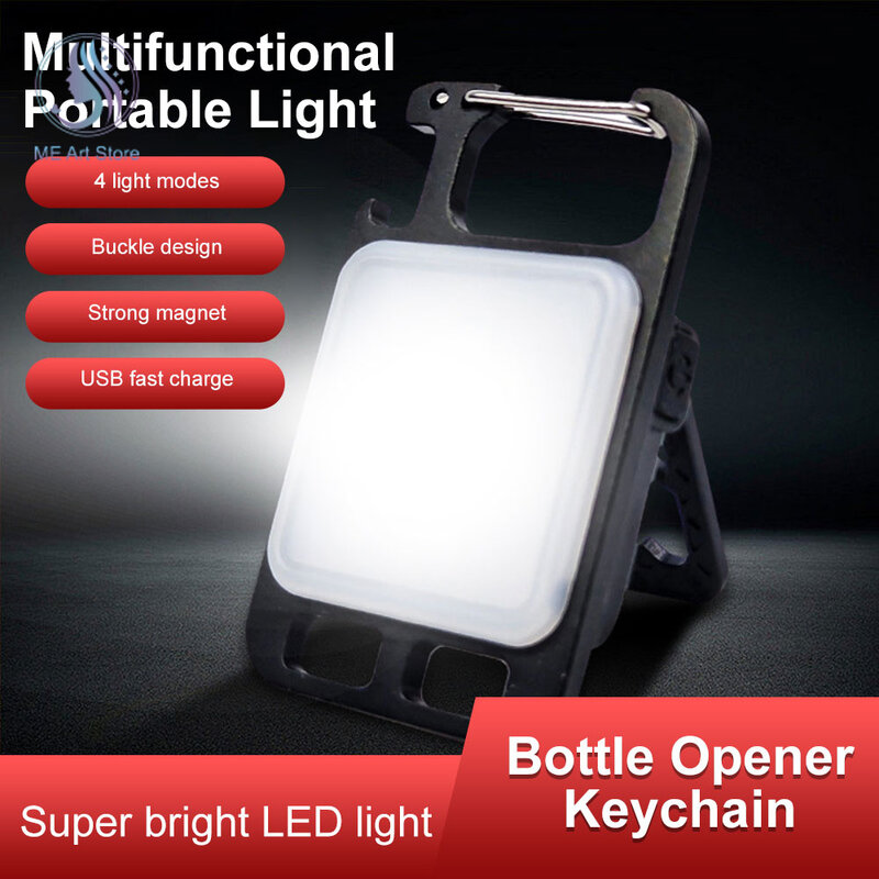 Mini LED Keychain Light Mutifuction Portable USB Rechargeable Work Light with Corkscrew For Outdoor Camping Fishing Climbing