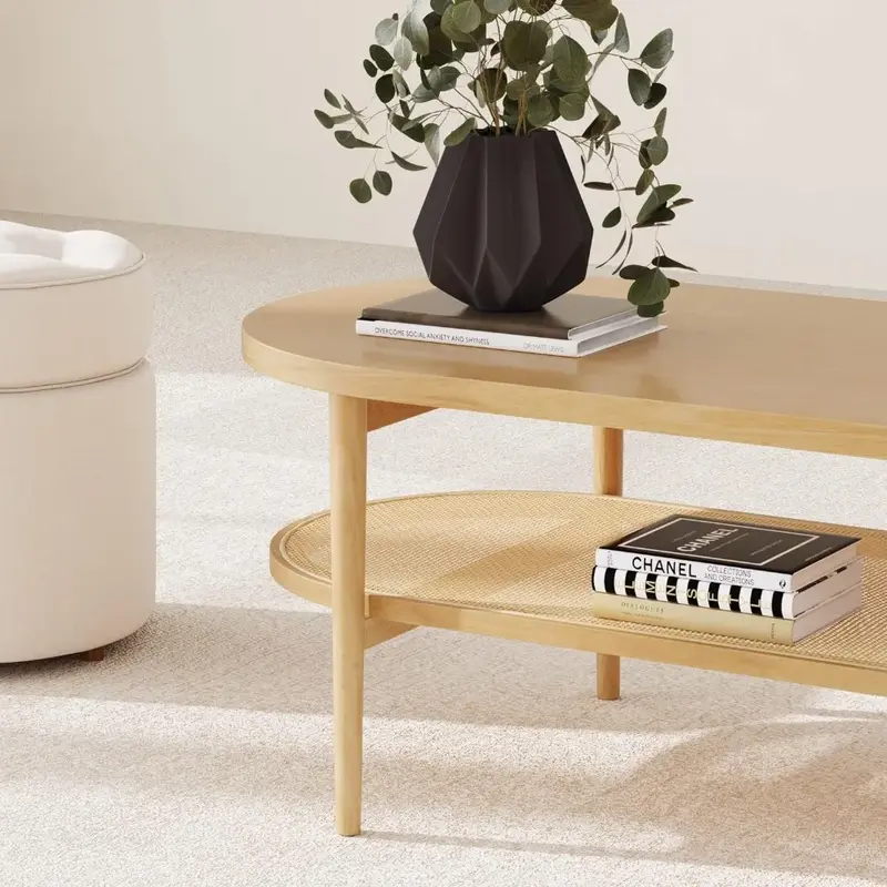 Sonia-Table basse avec étagère de rangement, bois clair/rotin