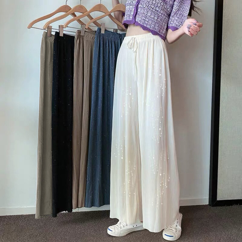 Starry Sky Sparkling Pleated Ice Silk High Waist Elastic Casual Wide Leg Pants For Women