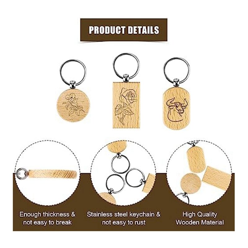 1 Set Engraving Blanks Wood Blanks Unfinished Wooden Key Ring Key Tag For DIY Gift Crafts