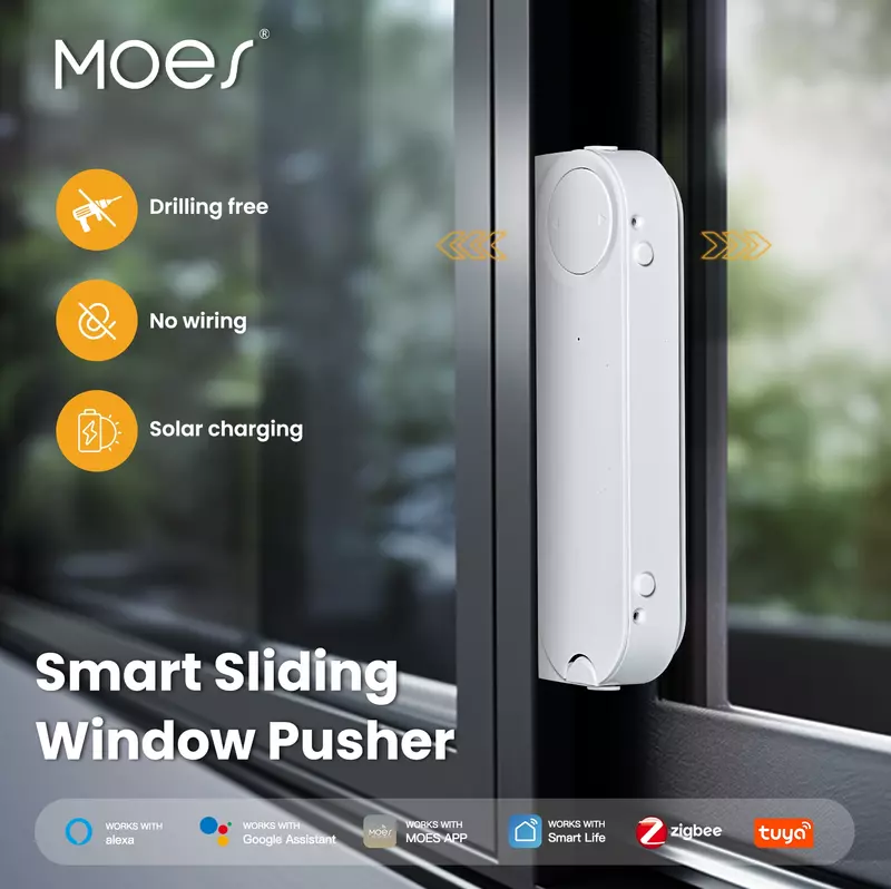 MOES Tuya ZigBee Smart Sliding Window Pusher Automatic Opener Closer Solar Charging App Remote Control Support Alexa Google Home