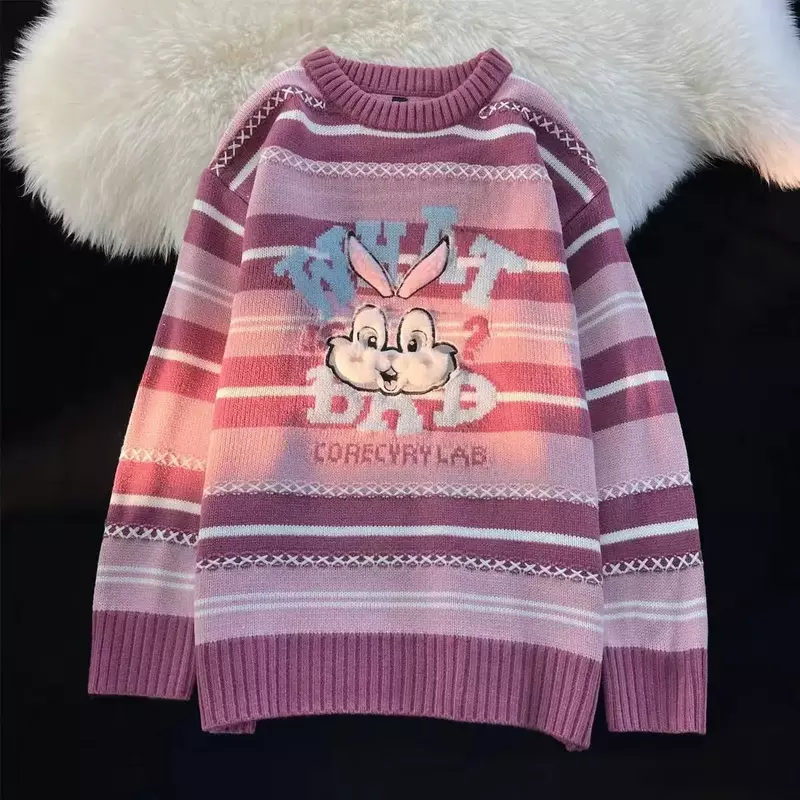 Japoński króliczek dzianinowy sweter w paski kobiety jesień i zima luźna odzież wierzchnia leniwy styl kurtka bluza z kapturem kobiety anime