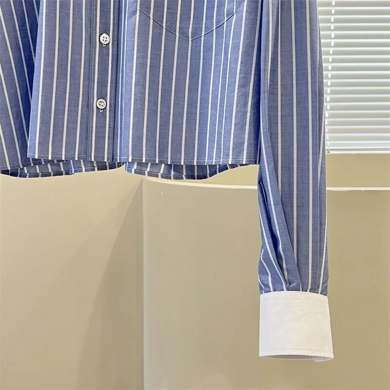 Винтажная Осенняя короткая Хлопковая полосатая рубашка с воротником-стойкой, длинными рукавами, нижняя одежда, Женские топы и блузка, женская рубашка