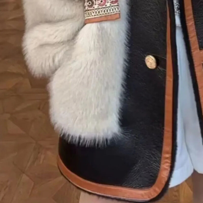 Jesienno-zimowa skórzana kurtka damskie sztuczne futro długi rękaw Vintage Streetwear luksusowa marka zagęszczone kurtki guziki nowe