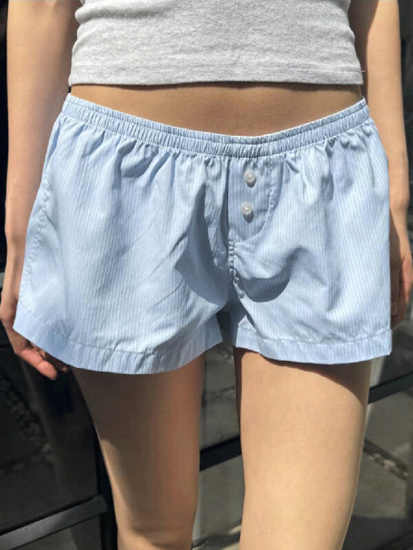Blue Striped Casual Cotton Shorts Women Summer Elastic Waist Buttons Straight Short Pants Vintage Loose Sweet Home Underwear Y2k