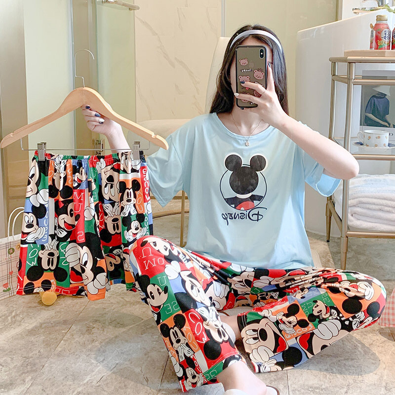 Piżama Mickey Minnie damska letnia trzyczęściowa piżama spodenki z krótkim rękawem spodnie na co dzień z okrągłym dekoltem do domu