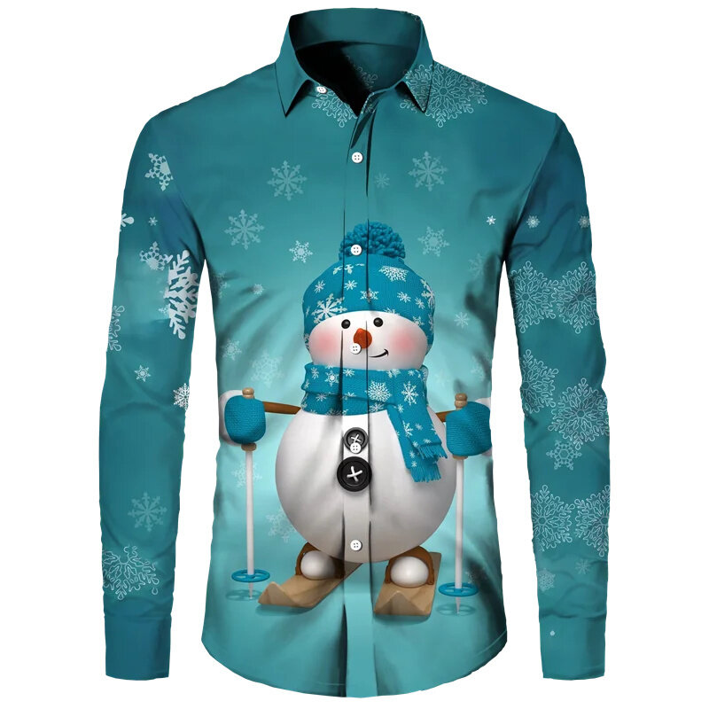 Heren Shirts 2024 Kerst Shirt Lange Mouw Casual Heren Nieuwjaarsfeest Heren Tops Kerst Sneeuwpop 3d Bedrukt Shirt