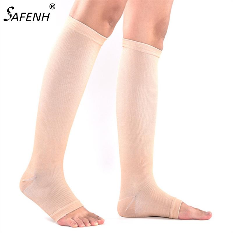 Dedo do pé aberto joelho-alta meias de compressão médica varicosas veias estocando meias de pressão elástica meias de pressão 6 cores