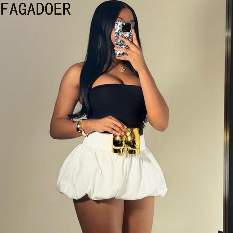 FAGADOER Fashion Y2K Streetwear Women Off Shoulder Sleeveless Backless Tube And Puff Mini Skirts Two Piece Sets Female Outfits