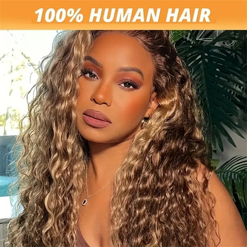 Perruque Brésilienne Naturelle Cheveux Bouclés à Reflets, Blond Miel, 13x4 HD, Deep Wave, Densité 180%, pour Femme Africaine