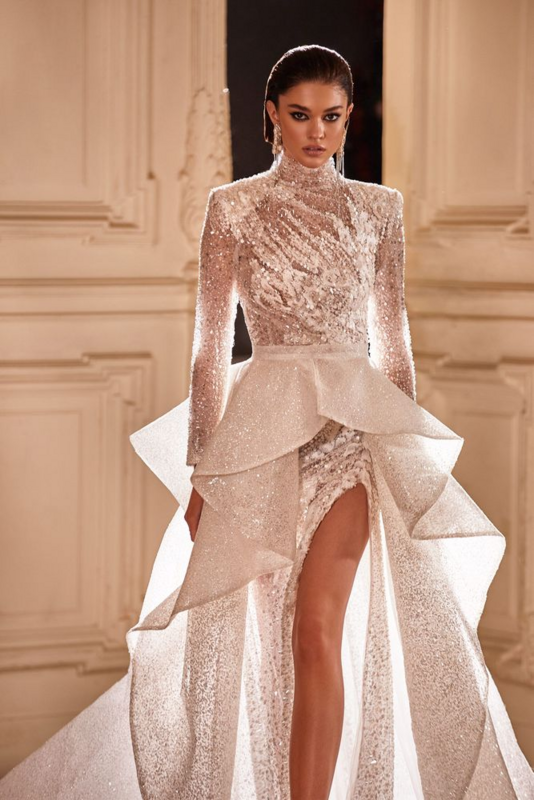 Luxury Sequined Wedding Dresses Exquisite Beading Bridal Gowns Side Slit Full Sleeves Detachable Train Vestidos De Novia