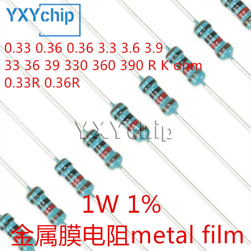 20pcs 1W Metal Film Resistor 0.33 0.36 0.36 3.3 3.6 3.9 33 36 39 330 360 390 R K ohm Five-color Ring 1% Resistance 0.33R 0.36R