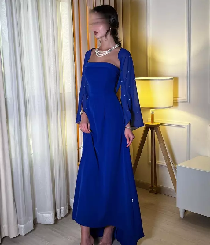 Koendye-Azul Royal frisado Chiffon vestidos de noite, mangas compridas, baile, sem alças, festa à noite, casamentos especiais, A Line Vestidos, 2024