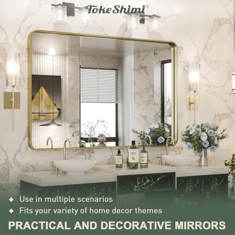 Espelho do banheiro do ouro para a parede, canto arredondado, retângulo, quadro do metal da liga de alumínio, frete ajustado profundo, espelhos livres, 40x3 0 Polegada