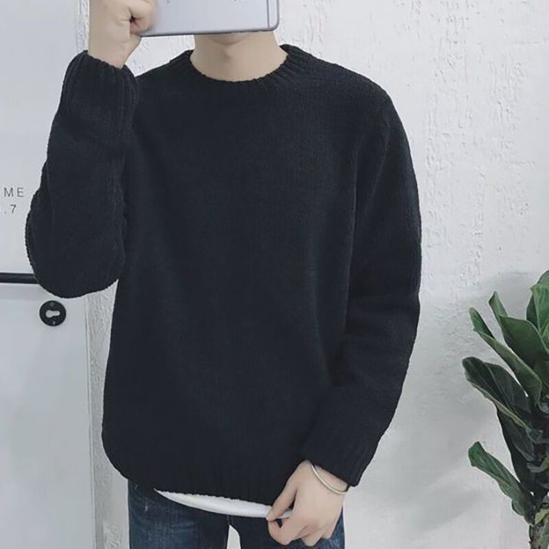 Mode Leher O Warna Solid Rajutan Longgar Sweater Korea Pakaian Pria 2022 Musim Gugur Baru Kasual Pullover Atasan Hangat Lengan Panjang