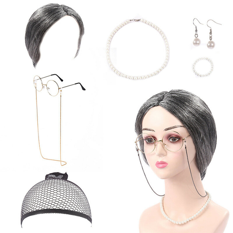 Peluca de abuela, chal de abuela, marco de caña inflable, gafas con cadena, perlas artificiales, collar, pulsera, pendientes