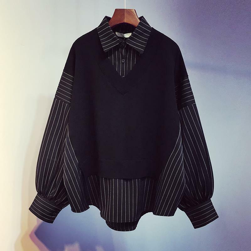 HOUZHOU-Blusa listrada preta feminina, 2 peças falsas, de malha, oversize, camisa branca, básica, manga comprida, coreana, vintage, Harajuku