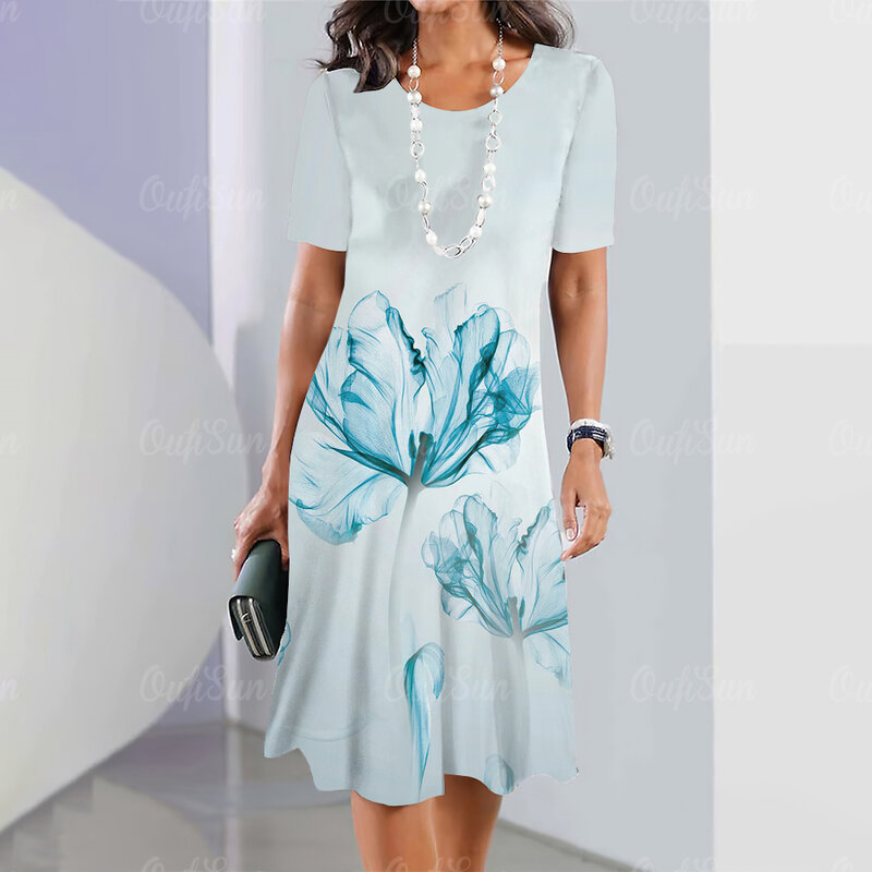 Элегантные платья для женщин, модное длинное платье с коротким рукавом, женская одежда с разноцветным принтом, Свободный пуловер с круглым вырезом