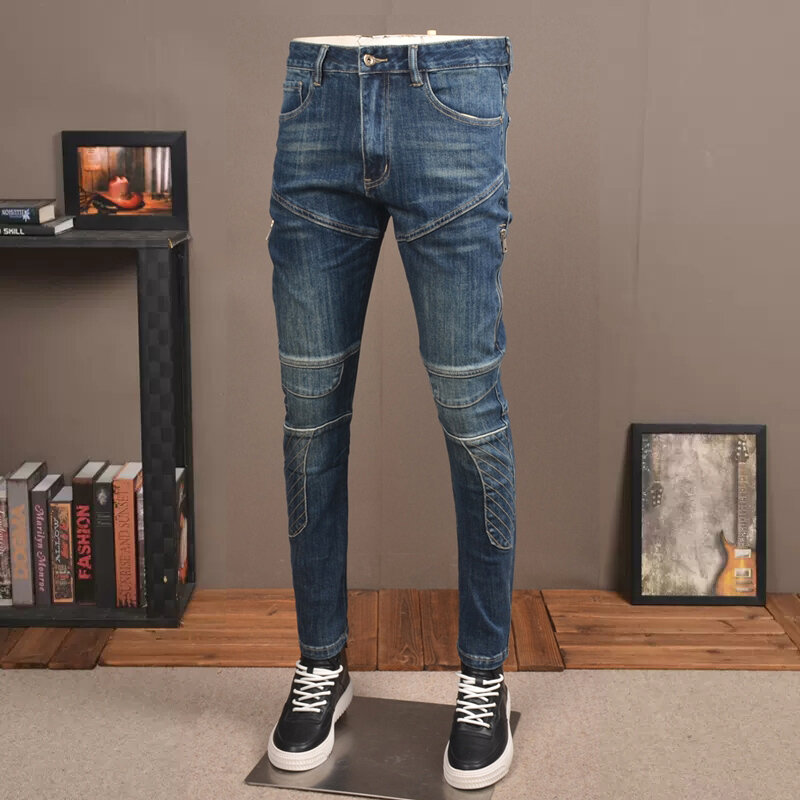 Streetwear modne dżinsy męskie niebieskie w stylu Retro rozciągliwe dopasowanie dopasowane łączone designerskie jeansy dla motocyklistów Homme spodnie w stylu Hip Hop męskie połatane spodnie