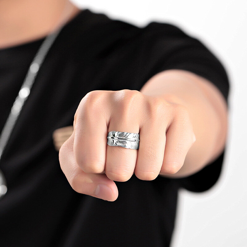 Cincin kulit perak S925 pria dan wanita, cincin perak murni 100% sederhana bulu perak untuk pria dan wanita trendi kepribadian punk cincin terbuka pabrik penjualan langsung
