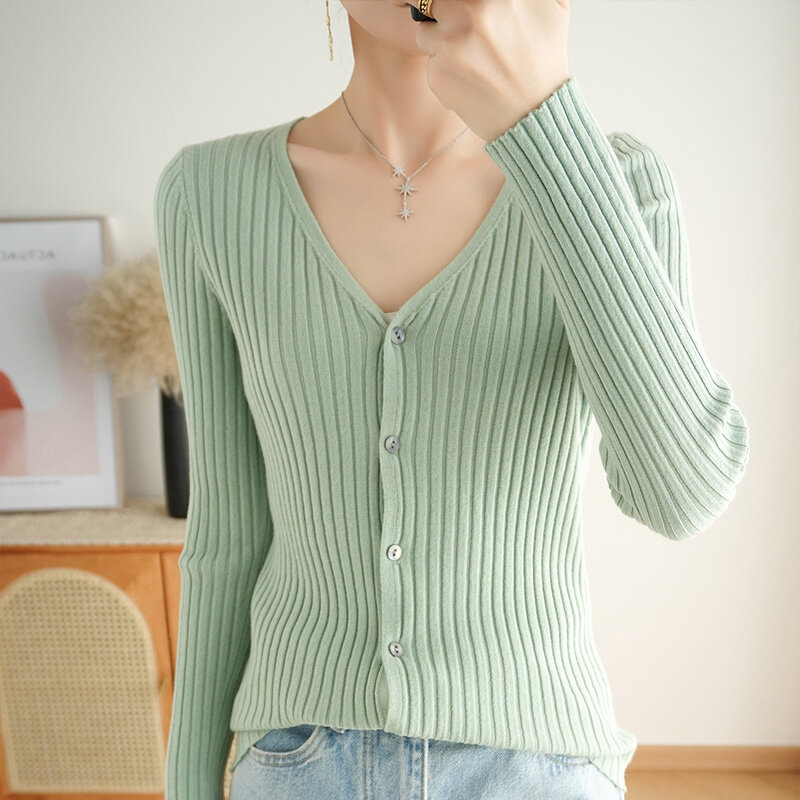 Spring And Autumn V-Neck Wool Small Cardigan Knitted Jacket Women's Short Small Fragrance Style Sweater Slim Fit Bottoming Shirt