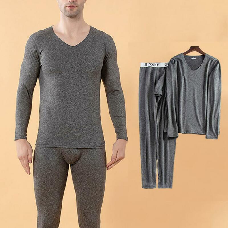 2 Pcs/Set Men Warm Thick Thermo Homewear Pajamas Bottoming Set Winter Thermal Underwear Long Johns Set V Neck Elastic Fleece