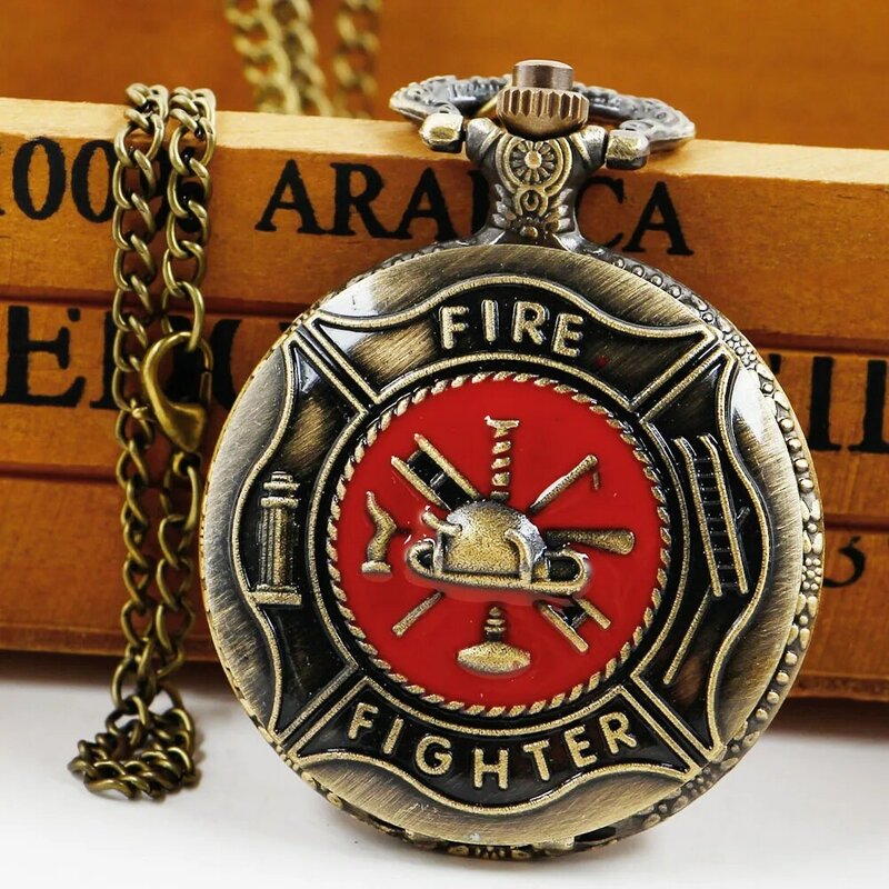 Vintage Exquisite Firemen ToolsCarved High Quality Quartz Pocket Watch Necklace Pendant Gifts For Women Or Man with Fob Chain