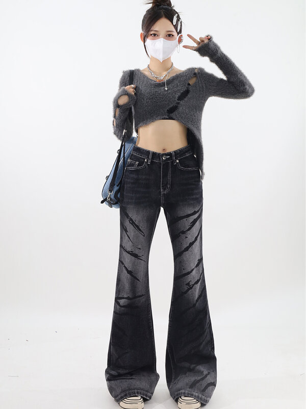 Jeans micro lared para mulheres, estilo streetwear Y2K, vintage wash, casual solto, cintura alta, jeans de perna reta, na moda