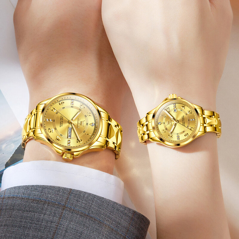 OLEVS ชุดนาฬิกาข้อมือ Jam Tangan pasangan คู่ผู้ชายและกันน้ำสำหรับผู้หญิงสีทองคลาสสิกควอตซ์วันที่คู่รัก