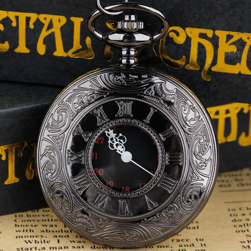 Relógio de bolso de quartzo vintage para homens e mulheres, charme preto, número romano, steampunk, colar pingente com caixa de presentes, novo