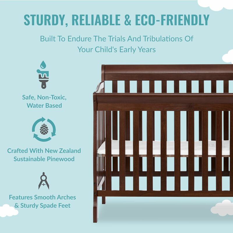 Crib And Changer in Espresso, Greenguard Gold Certified, Non-Toxic Finish, New Zealand Pinewood, 1" Mattress Pad