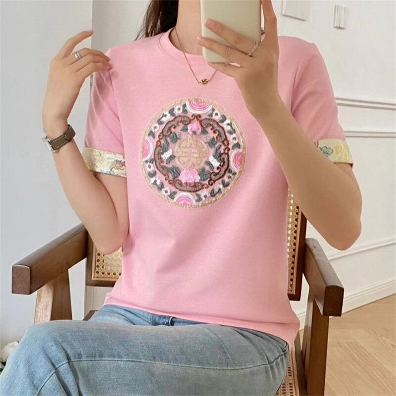 Chinese Style Clothes Tshirts Women O Neck Vintage Print Slim Cotton Tops Short Sleeve Tee Summer New