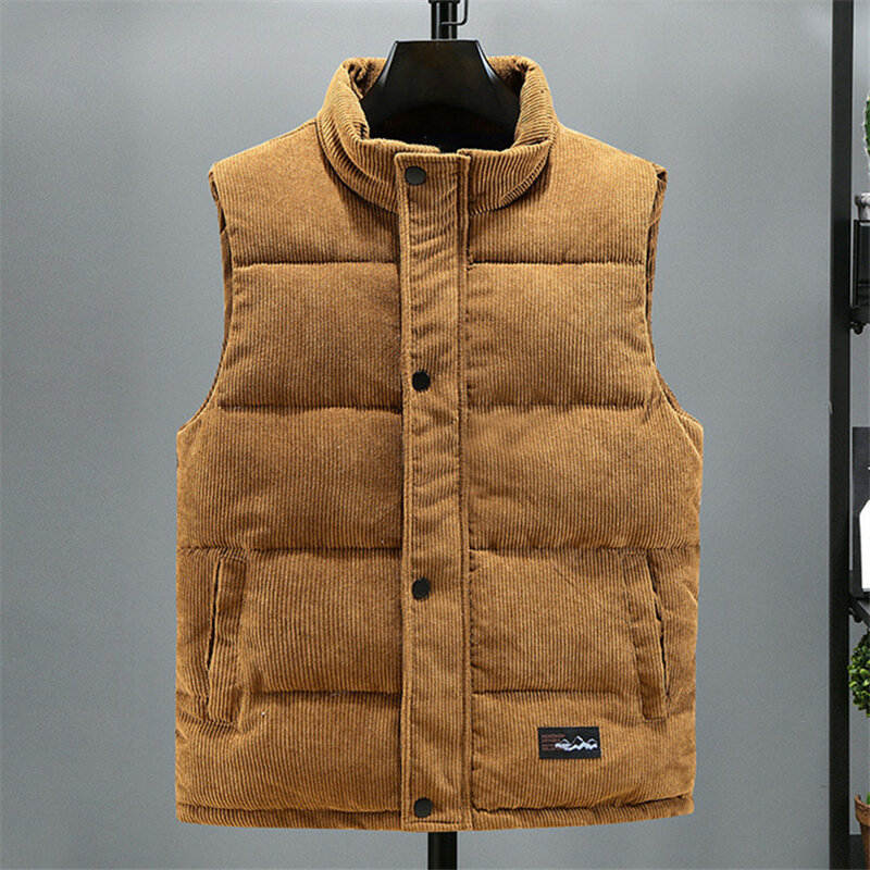 2024 New Vest Jacket Men's Autumn Winter Warm Sleeveless Coat Stand Collar Padded Waistcoat Corduroy Work Wear Male Clothes 5XL