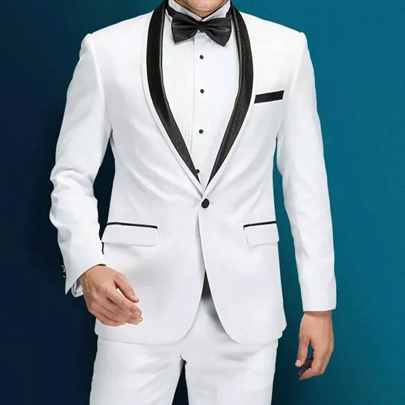 Białe smokingi dla pana młodego z czarnym szalowym klapą Garnitury męskie Slim Fit 2-częściowe męskie spodnie marynarki Najnowszy płaszcz Fashion Design