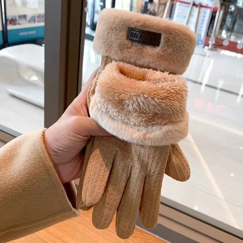 Women Winter Gloves New Fashion Solid Furry Plush Warm Full Finger Mittens Outdoor Windproof Sports Cycling Gloves Touchscreen
