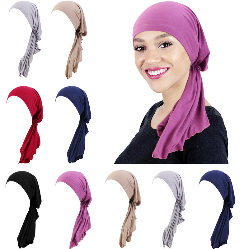 Muzułmanki szalik na głowę hidżab czepek dla osób po chemioterapii Turban wstępnie wiązany nakrycia głowy chustka na raka utrata włosów chustka na głowę chusta na głowę Stretch Hat Hijabs