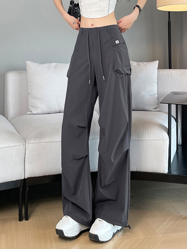 Pantalones Cargo holgados con bolsillos y cordón para mujer, pantalones de chándal femeninos, de cintura alta, informales, a la moda